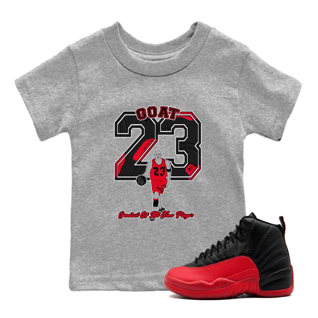 12s Flu Game shirts to match jordans Goat Player sneaker match tees Air Jordan 12 Retro Flu Game match shoes to clothes SNRT Sneaker Tees Youth Baby Heather Grey 1 tee