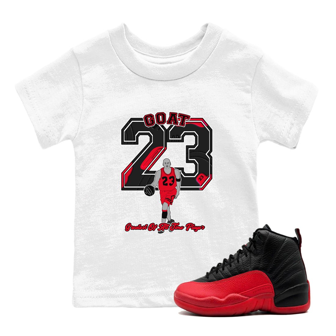 12s Flu Game shirts to match jordans Goat Player sneaker match tees Air Jordan 12 Retro Flu Game match shoes to clothes SNRT Sneaker Tees Youth Baby White 1 tee