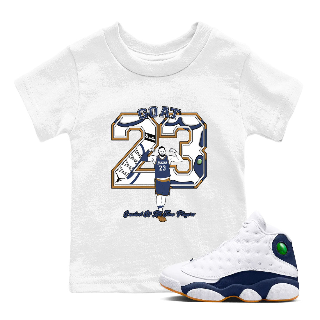13s Midnight Navy shirts to match jordans Goat Player sneaker match tees Air Jordan 13  Midnight Navy SNRT Sneaker Release Tees Youth Baby White 1 crew neck shirts