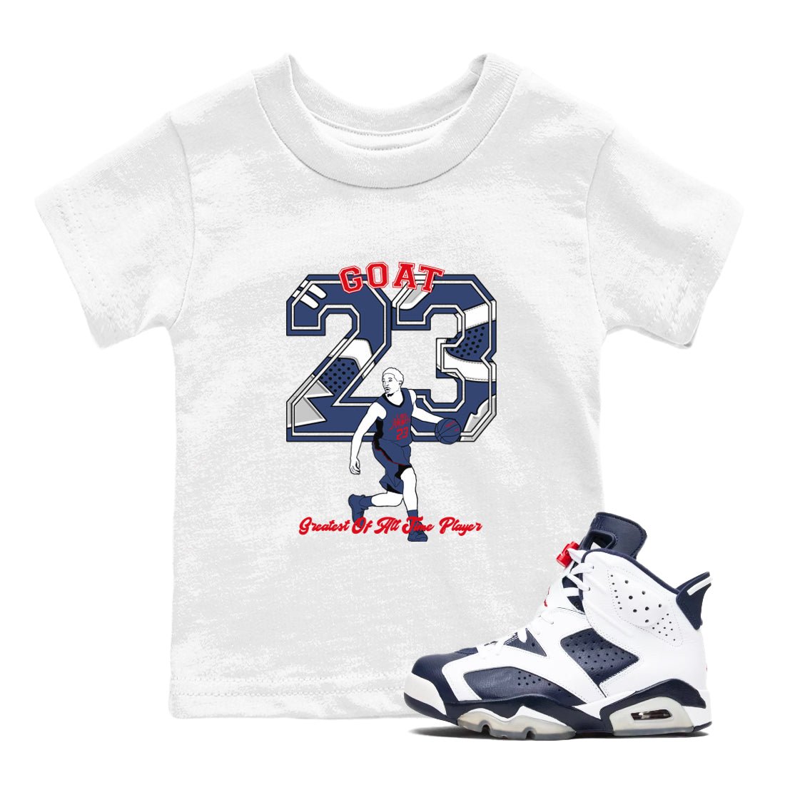 AJ6 White And Midnight Navy shirt to match jordans Goat Player sneaker tees Air Jordan 6 Olympic SNRT sneaker release tees baby toddler White 1 cotton Shirt