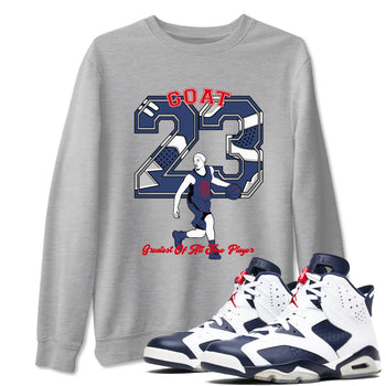 AJ6 White And Midnight Navy shirt to match jordans Goat Player sneaker tees Air Jordan 6 Olympic SNRT Sneaker Release Tees unisex cotton Heather Grey 1 crew neck shirt