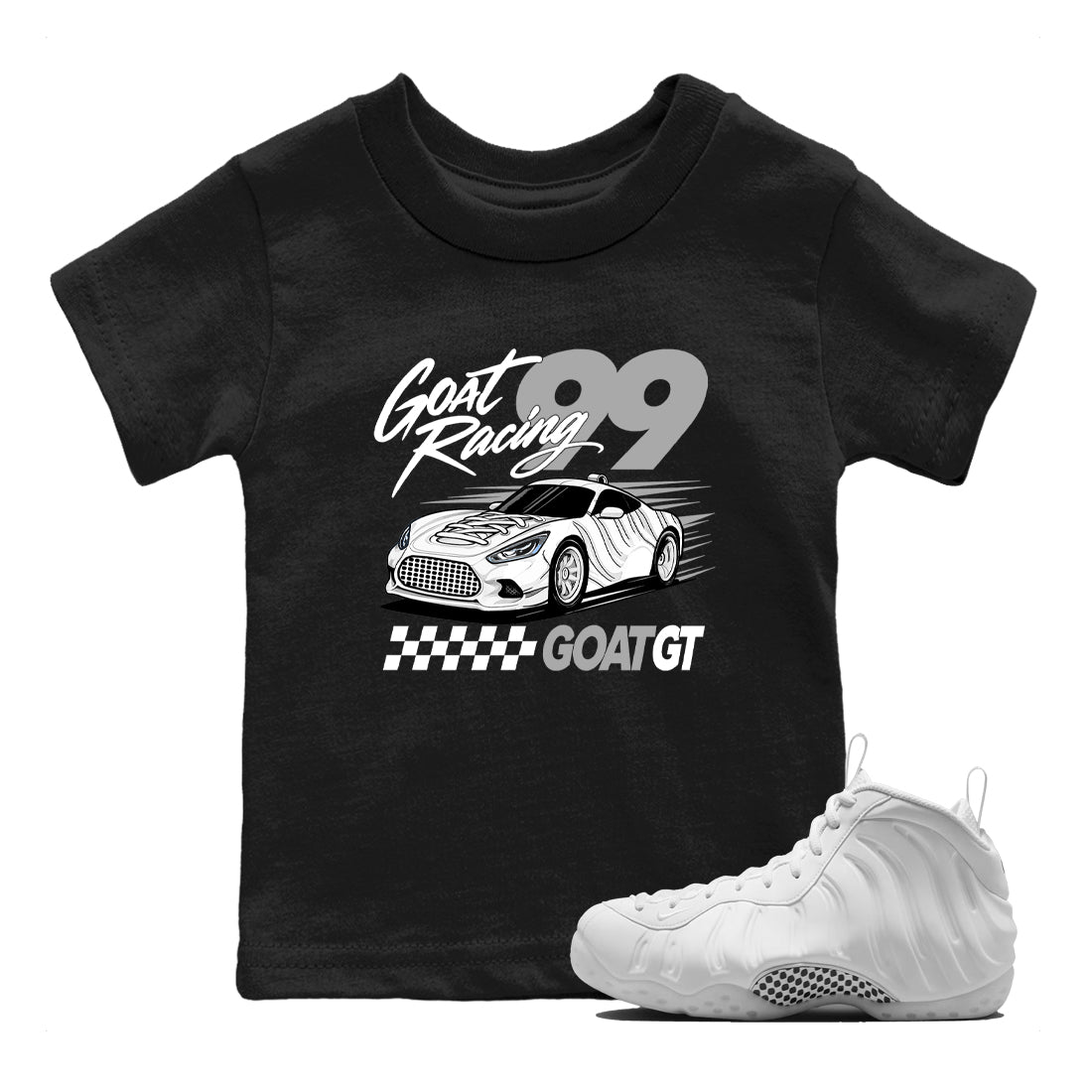 Goat Racing baby and kids t-shirt crafted for little sneakerheads to shine with the Air Foamposite One Triple White sneakers, displayed in Black 1.