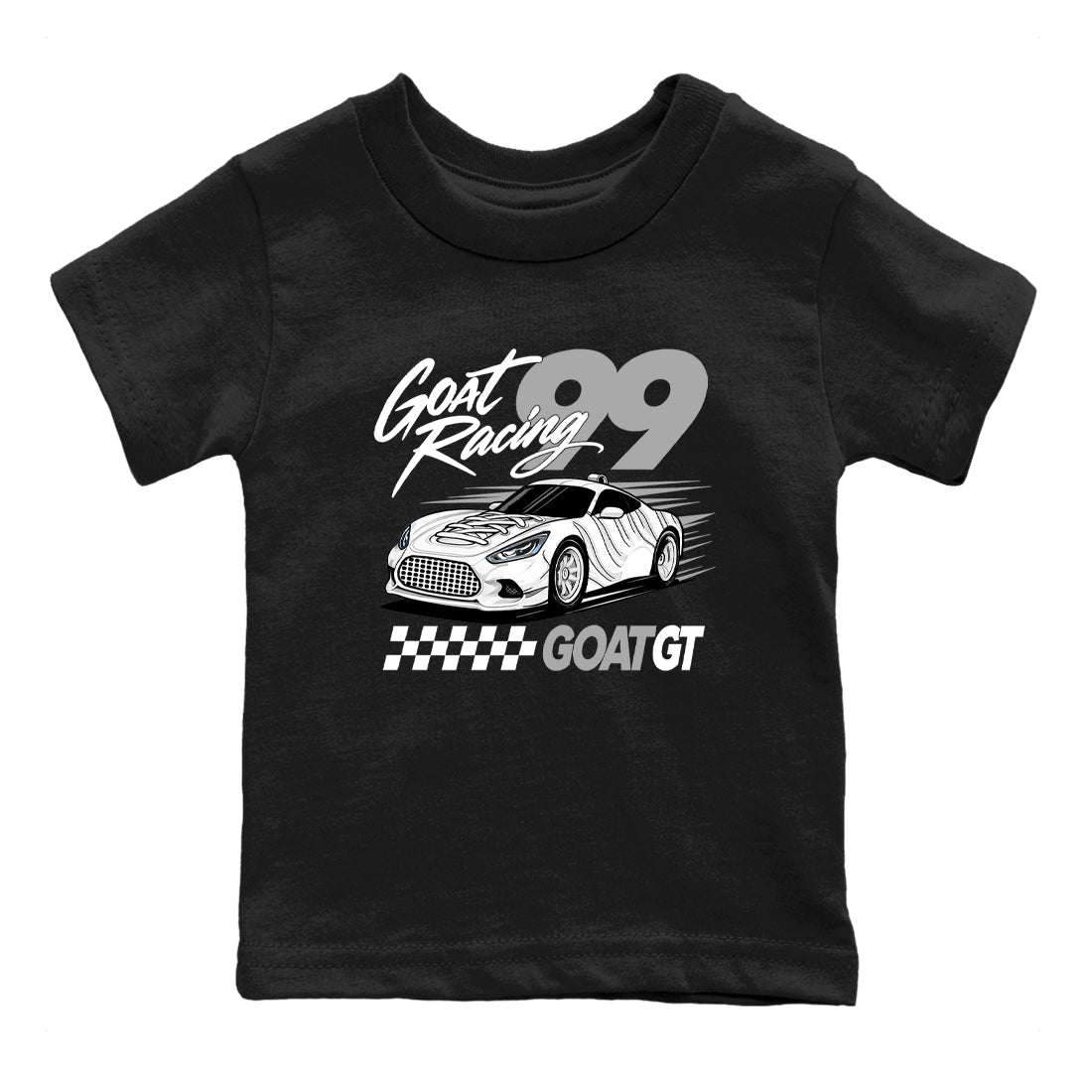 Goat Racing baby and kids t-shirt crafted for little sneakerheads to shine with the Air Foamposite One Triple White sneakers, displayed in Black 2.