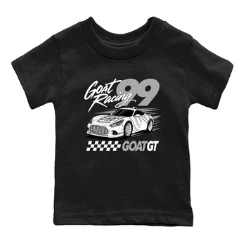 Goat Racing baby and kids t-shirt crafted for little sneakerheads to shine with the Air Foamposite One Triple White sneakers, displayed in Black 2.