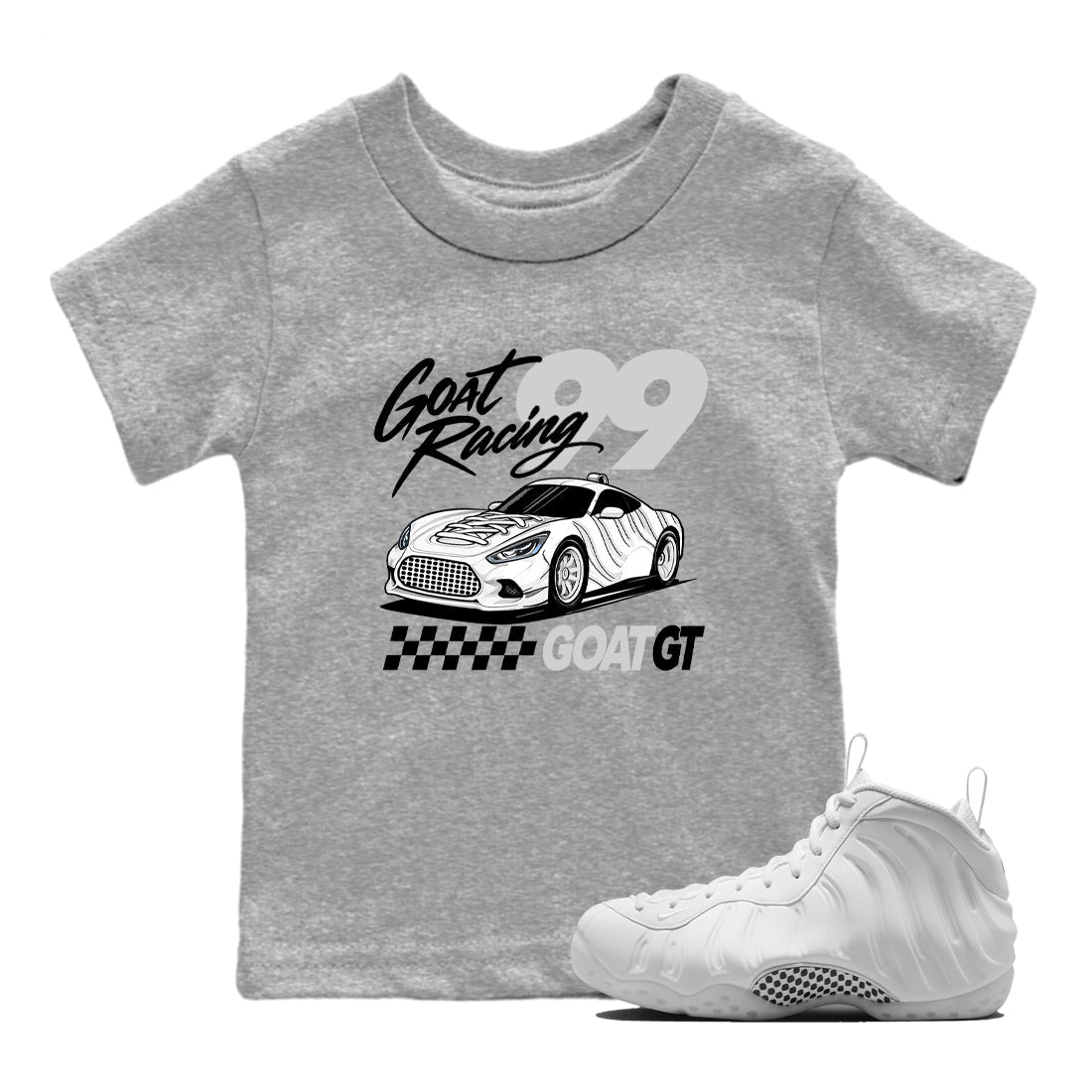 Goat Racing baby and kids t-shirt crafted for little sneakerheads to shine with the Air Foamposite One Triple White sneakers, displayed in Heather Grey 1.