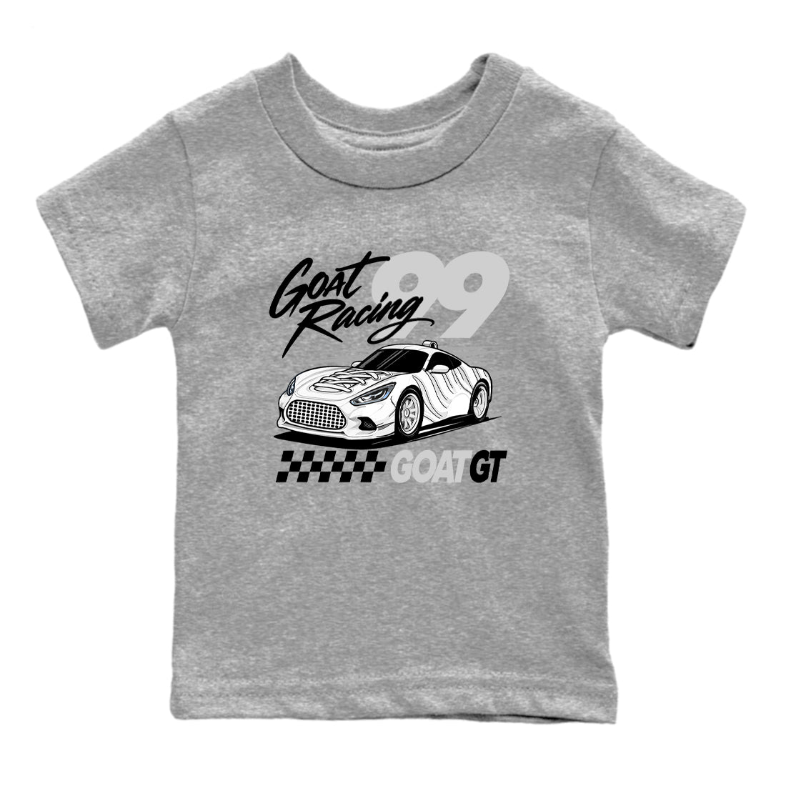 Goat Racing baby and kids t-shirt crafted for little sneakerheads to shine with the Air Foamposite One Triple White sneakers, displayed in Heather Grey 2.