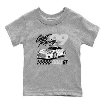 Goat Racing baby and kids t-shirt crafted for little sneakerheads to shine with the Air Foamposite One Triple White sneakers, displayed in Heather Grey 2.