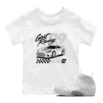 Goat Racing baby and kids t-shirt crafted for little sneakerheads to shine with the Air Foamposite One Triple White sneakers, displayed in White 1.