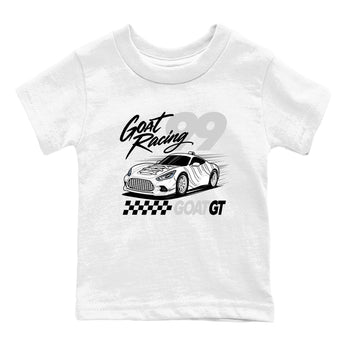 Goat Racing baby and kids t-shirt crafted for little sneakerheads to shine with the Air Foamposite One Triple White sneakers, displayed in White 2.
