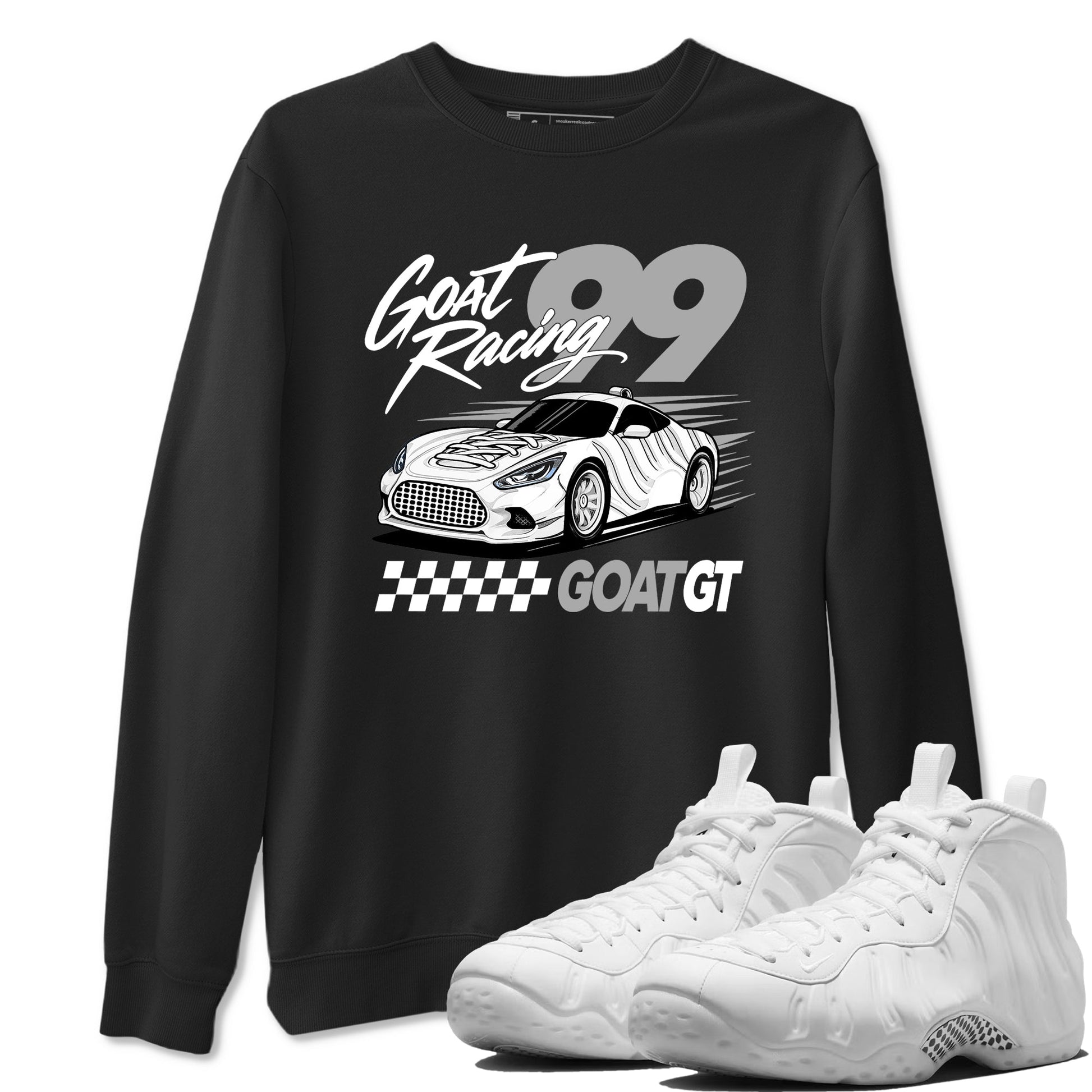 Goat Racing sneaker match t-shirt styled to complete your fit with the Air Foamposite One Triple White sneakers, graphic shirts in Black 1.