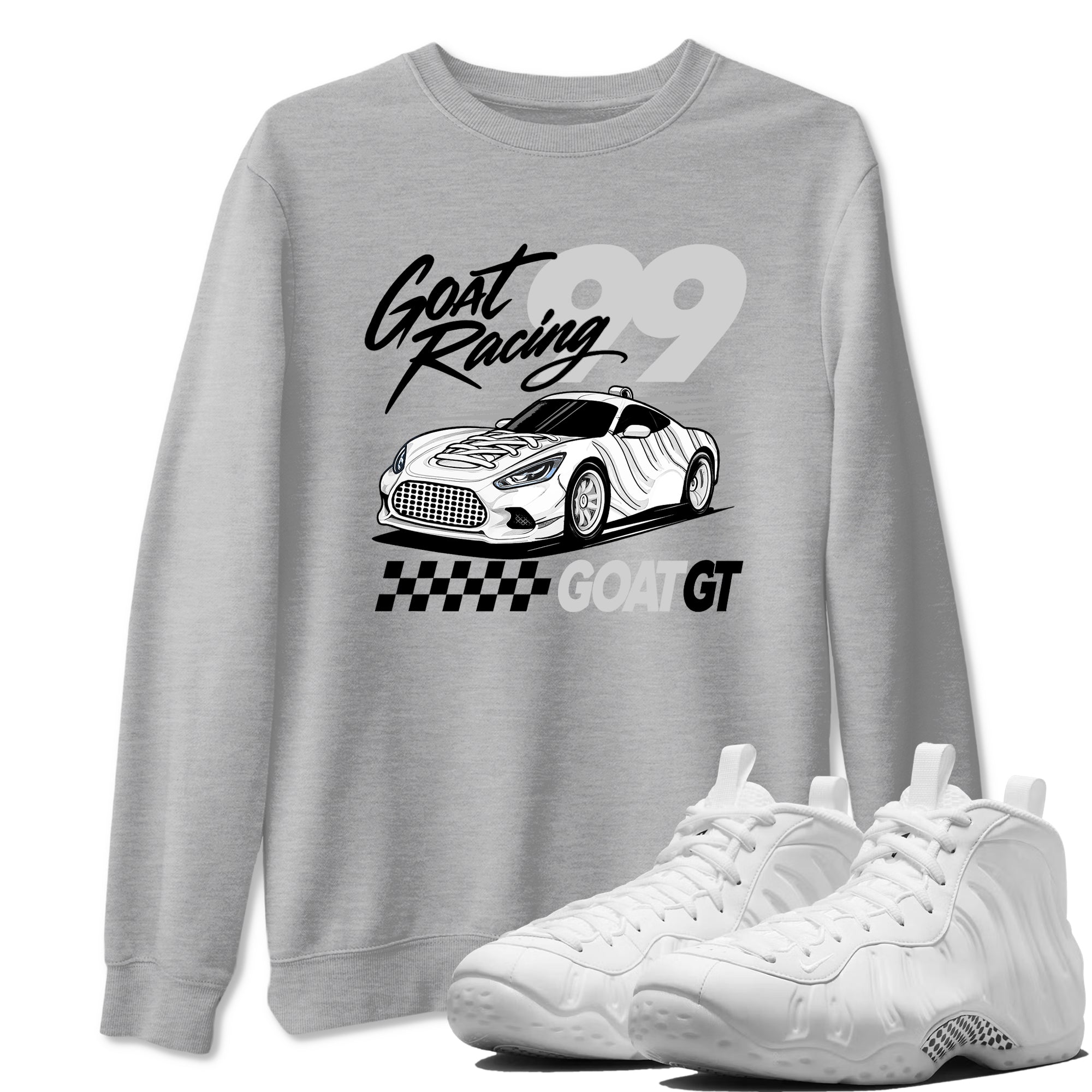 Goat Racing sneaker match t-shirt styled to complete your fit with the Air Foamposite One Triple White sneakers, graphic shirts in Heather Grey 1.