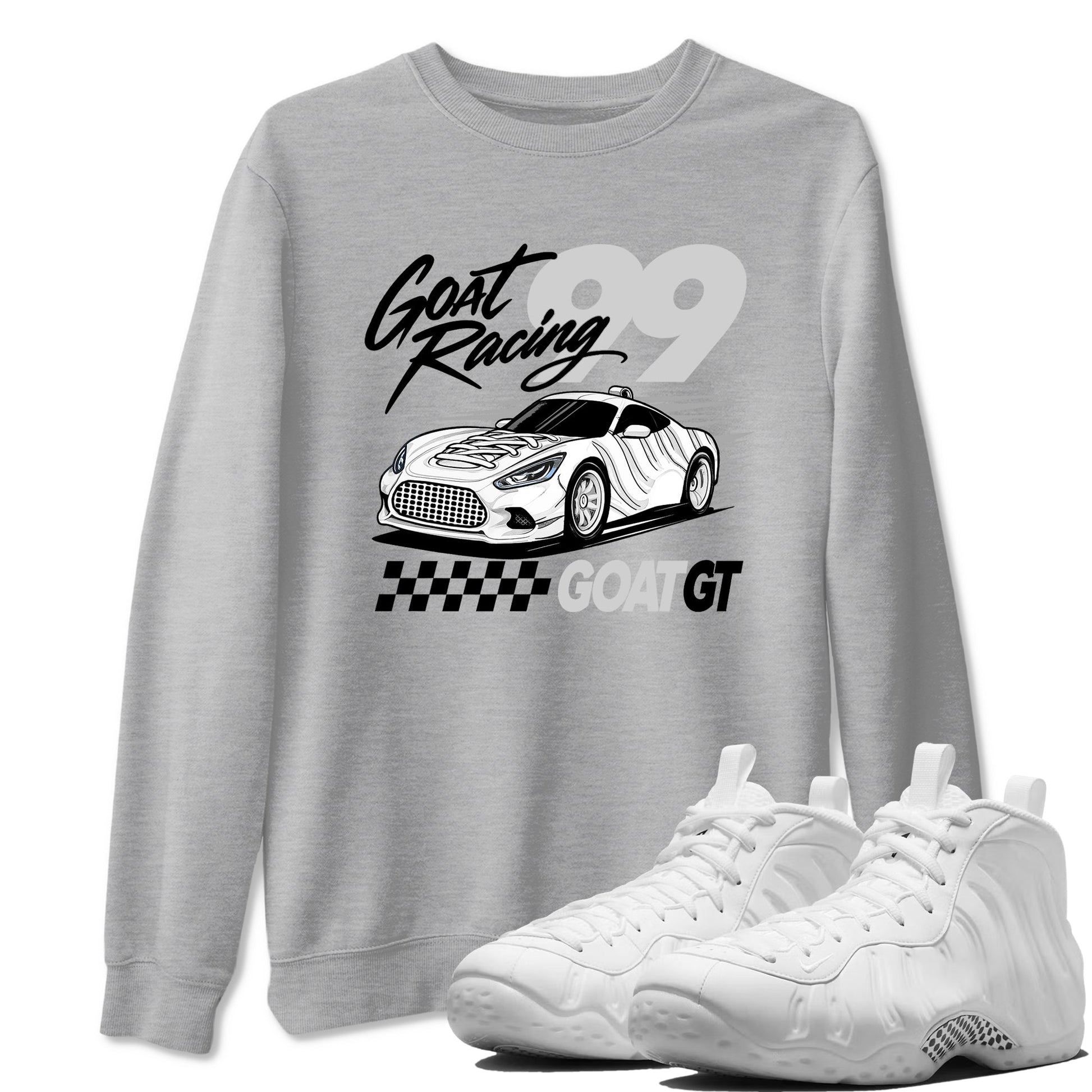 Goat Racing sneaker match t-shirt styled to complete your fit with the Air Foamposite One Triple White sneakers, graphic shirts in Heather Grey 1.