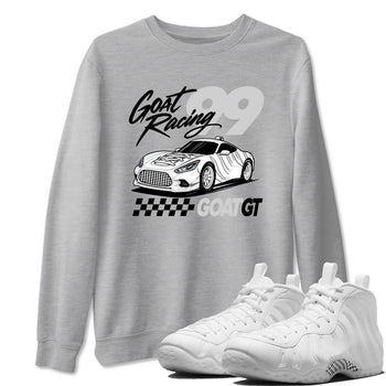 Goat Racing sneaker match t-shirt styled to complete your fit with the Air Foamposite One Triple White sneakers, graphic shirts in Heather Grey 1.