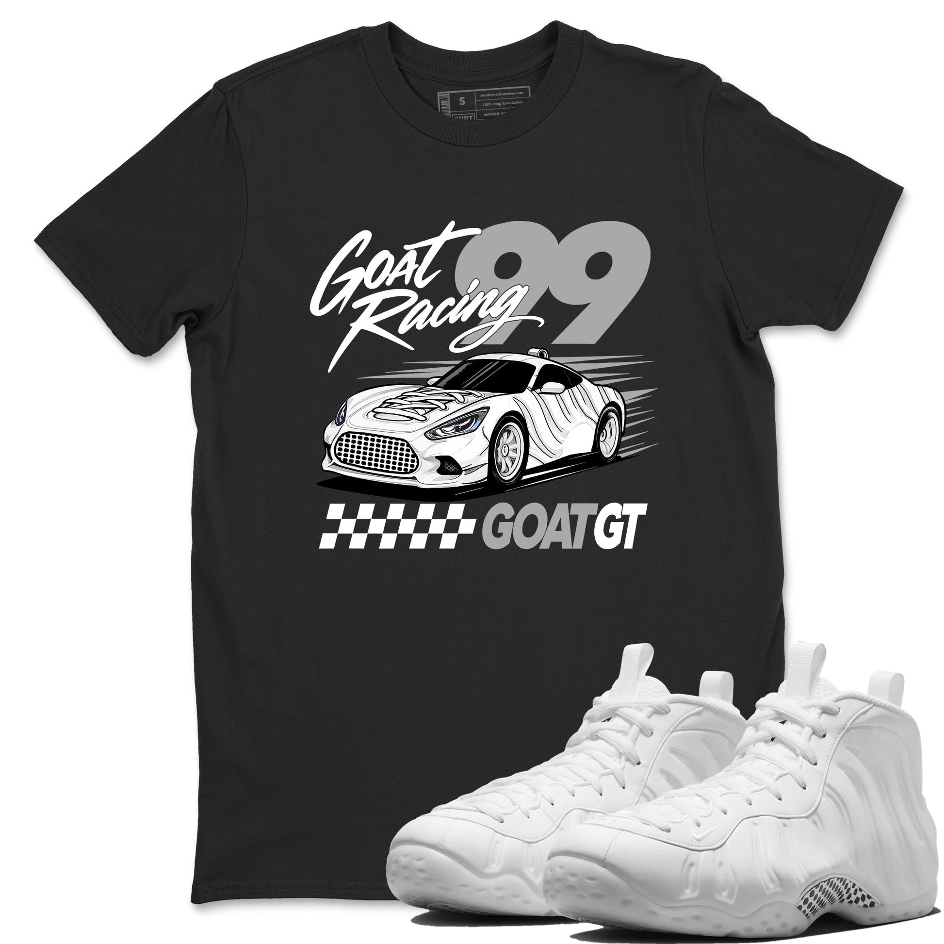 Goat Racing sneaker match t-shirt styled to complete your fit with the Air Foamposite One Triple White sneakers, graphic shirts in Black 1.