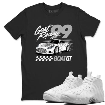 Goat Racing sneaker match t-shirt styled to complete your fit with the Air Foamposite One Triple White sneakers, graphic shirts in Black 1.