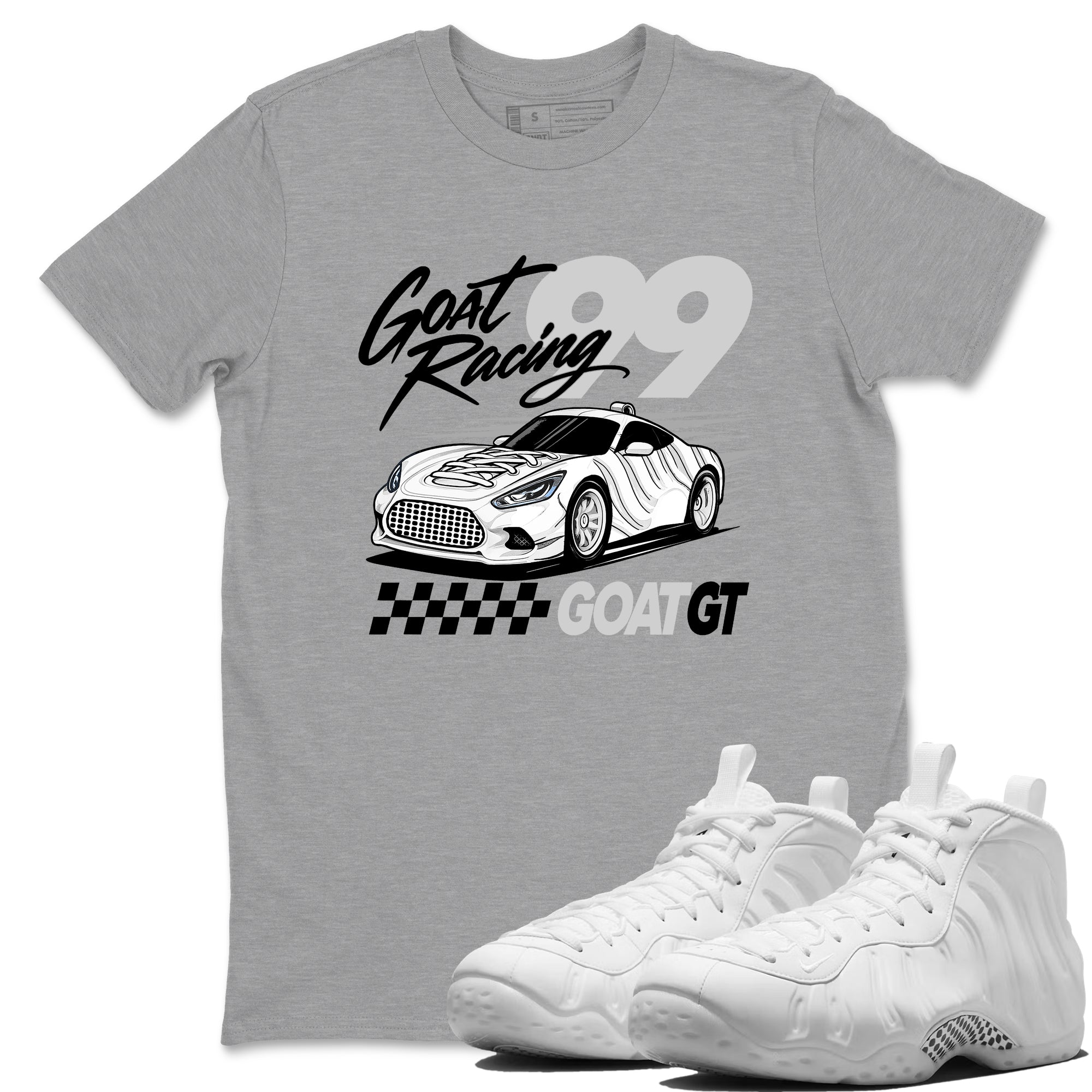 Goat Racing sneaker match t-shirt styled to complete your fit with the Air Foamposite One Triple White sneakers, graphic shirts in Heather Grey 1.