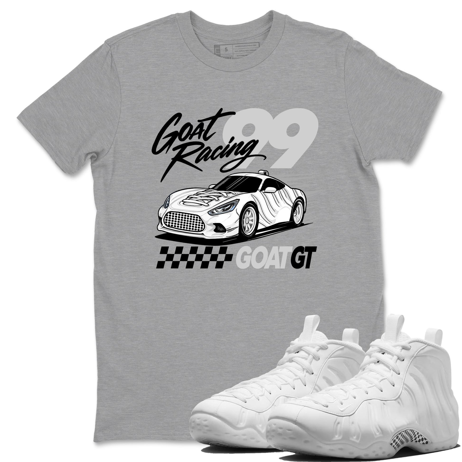 Goat Racing sneaker match t-shirt styled to complete your fit with the Air Foamposite One Triple White sneakers, graphic shirts in Heather Grey 1.