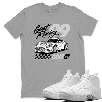 Goat Racing sneaker match t-shirt styled to complete your fit with the Air Foamposite One Triple White sneakers, graphic shirts in Heather Grey 1.