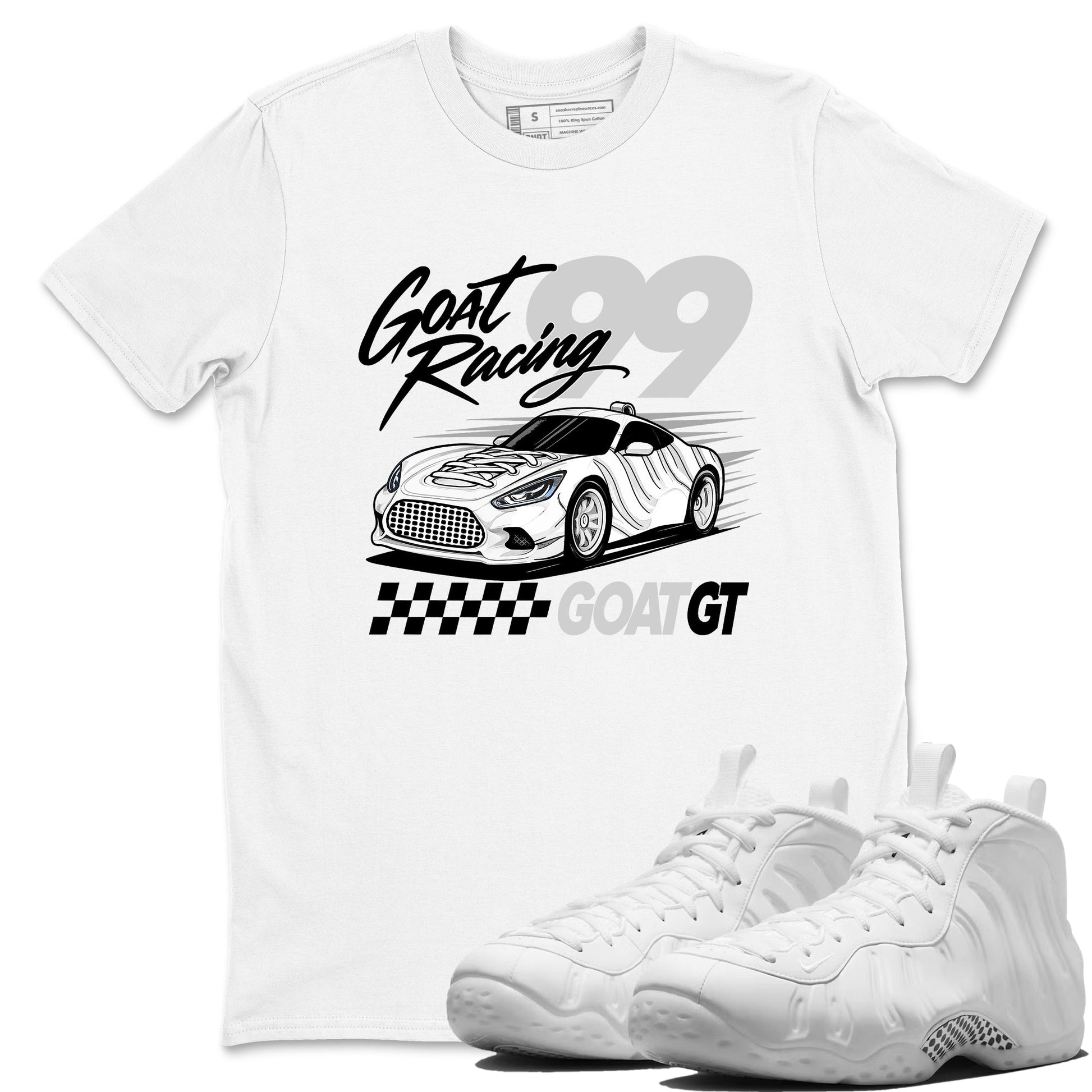 Goat Racing sneaker match t-shirt styled to complete your fit with the Air Foamposite One Triple White sneakers, graphic shirts in White 1.