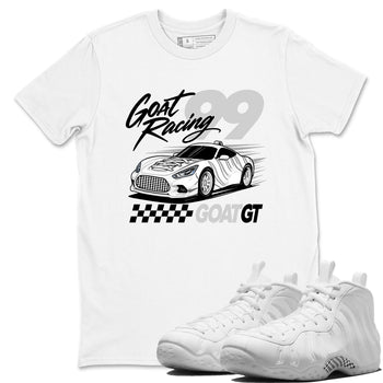 Goat Racing sneaker match t-shirt styled to complete your fit with the Air Foamposite One Triple White sneakers, graphic shirts in White 1.