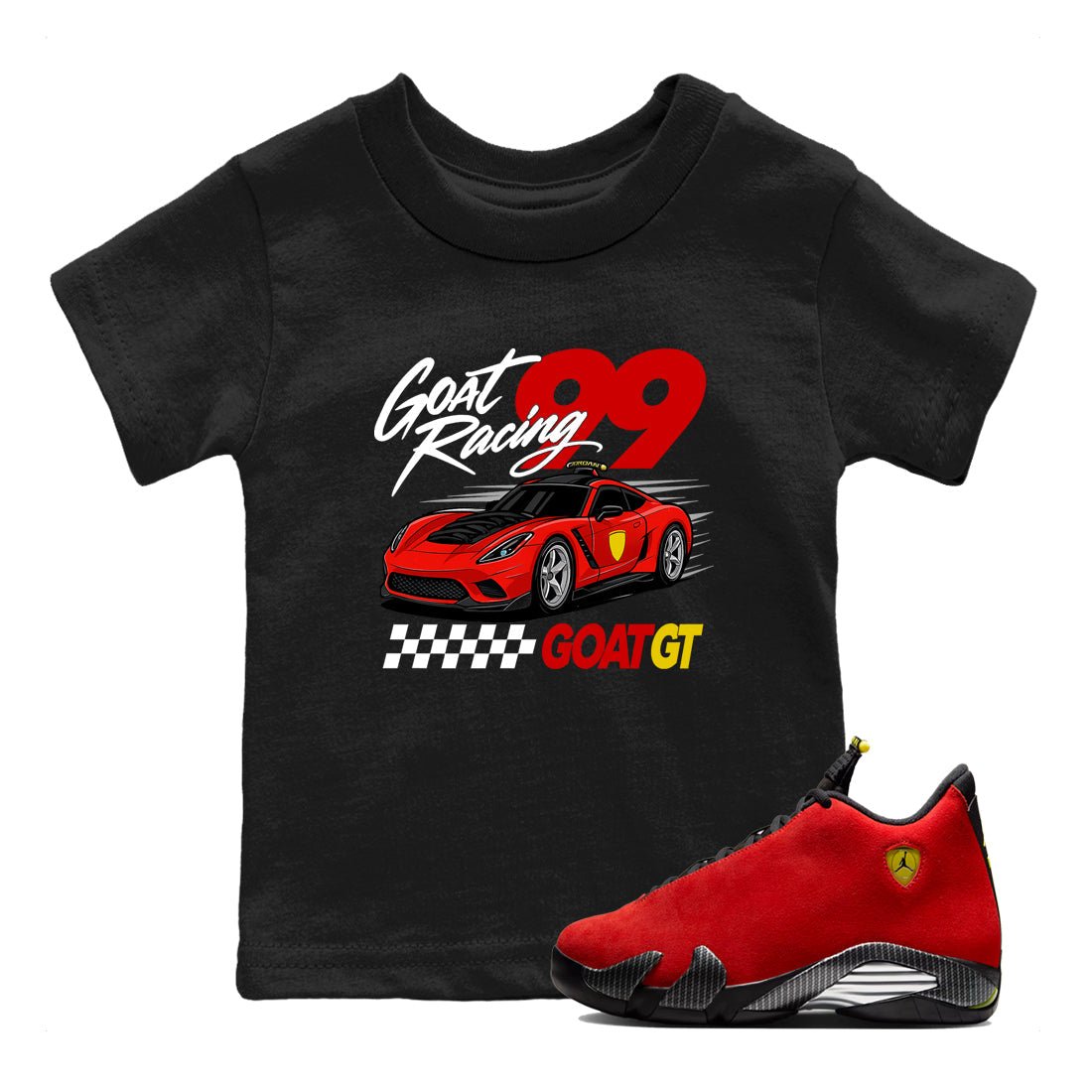 Goat Racing baby and kids t-shirt crafted for little sneakerheads to shine with the Air Jordan 14 Challenge Red sneakers, displayed in Black 1.