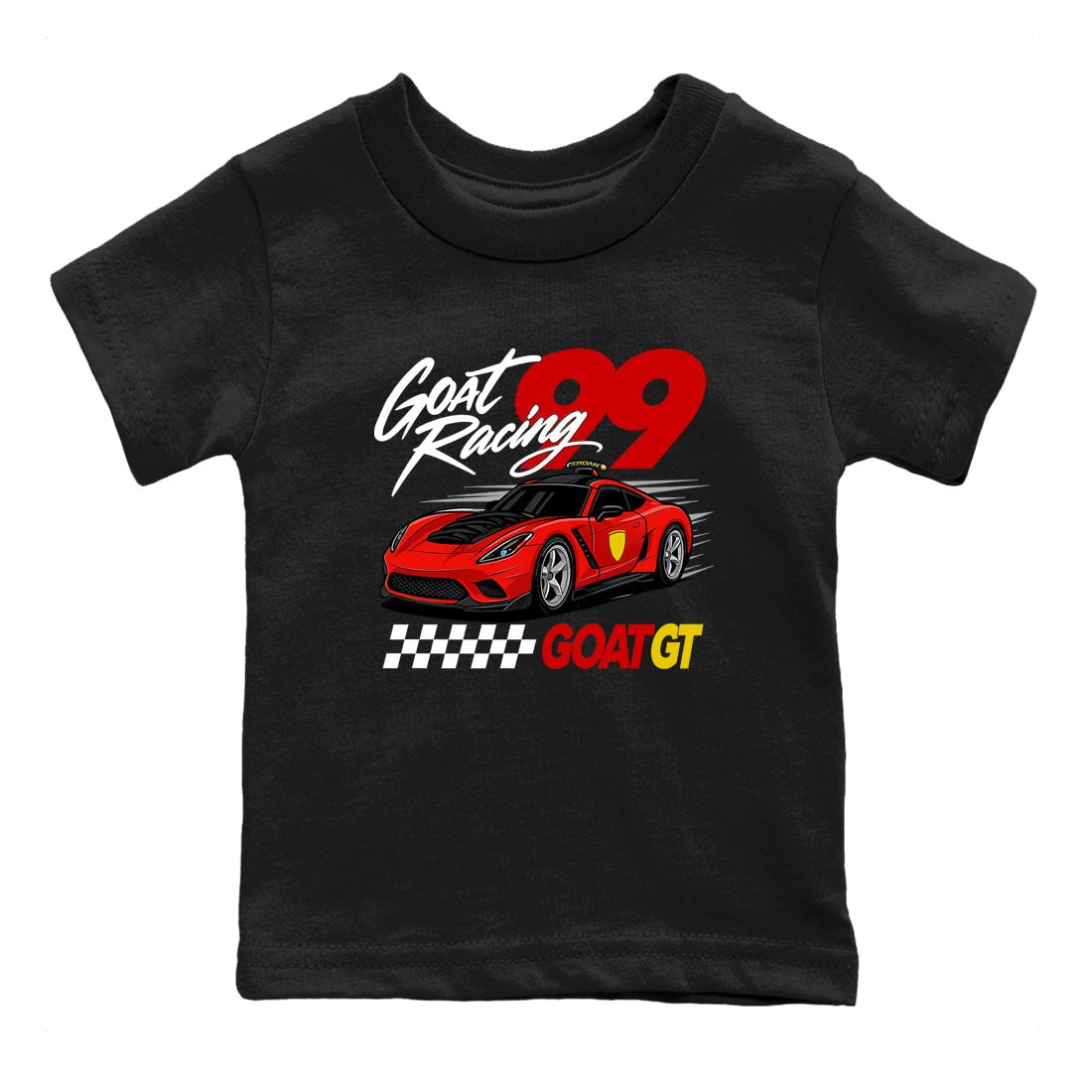 Goat Racing baby and kids t-shirt crafted for little sneakerheads to shine with the Air Jordan 14 Challenge Red sneakers, displayed in Black 2.