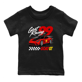 Goat Racing baby and kids t-shirt crafted for little sneakerheads to shine with the Air Jordan 14 Challenge Red sneakers, displayed in Black 2.