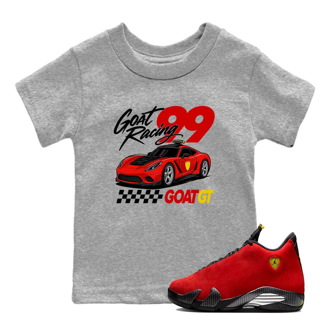 Goat Racing baby and kids t-shirt crafted for little sneakerheads to shine with the Air Jordan 14 Challenge Red sneakers, displayed in Heather Grey 1.
