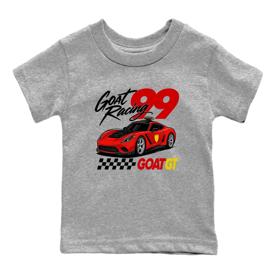 Goat Racing baby and kids t-shirt crafted for little sneakerheads to shine with the Air Jordan 14 Challenge Red sneakers, displayed in Heather Grey 2.