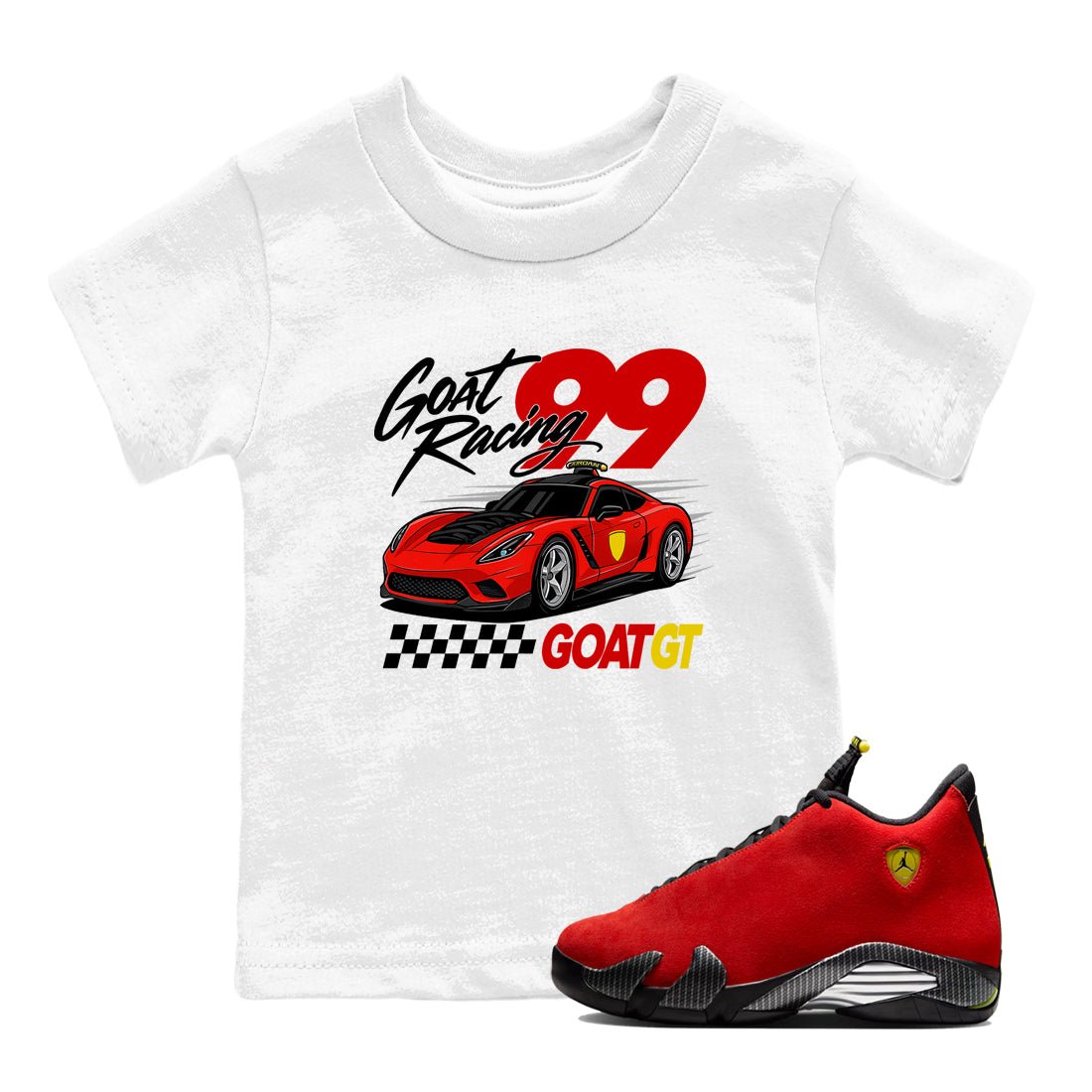 Goat Racing baby and kids t-shirt crafted for little sneakerheads to shine with the Air Jordan 14 Challenge Red sneakers, displayed in White 1.