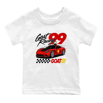 Goat Racing baby and kids t-shirt crafted for little sneakerheads to shine with the Air Jordan 14 Challenge Red sneakers, displayed in White 2.