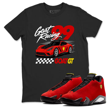 Goat Racing sneaker match t-shirt styled to complete your fit with the Air Jordan 14 Challenge Red sneakers, graphic shirts in Black 1.