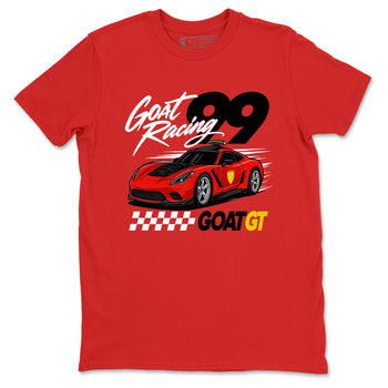 Goat Racing sneaker match t-shirt styled to complete your fit with the Air Jordan 14 Challenge Red sneakers, graphic shirts in Red 2.