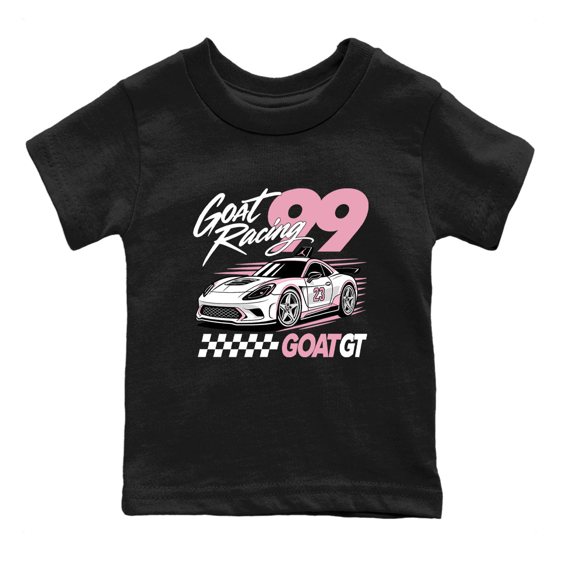 Goat Racing baby and kids t-shirt crafted for little sneakerheads to shine with the Air Jordan 5 35th Anniversary sneakers, displayed in Black 2.