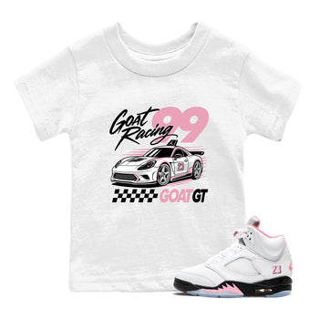 Goat Racing baby and kids t-shirt crafted for little sneakerheads to shine with the Air Jordan 5 35th Anniversary sneakers, displayed in White 1.
