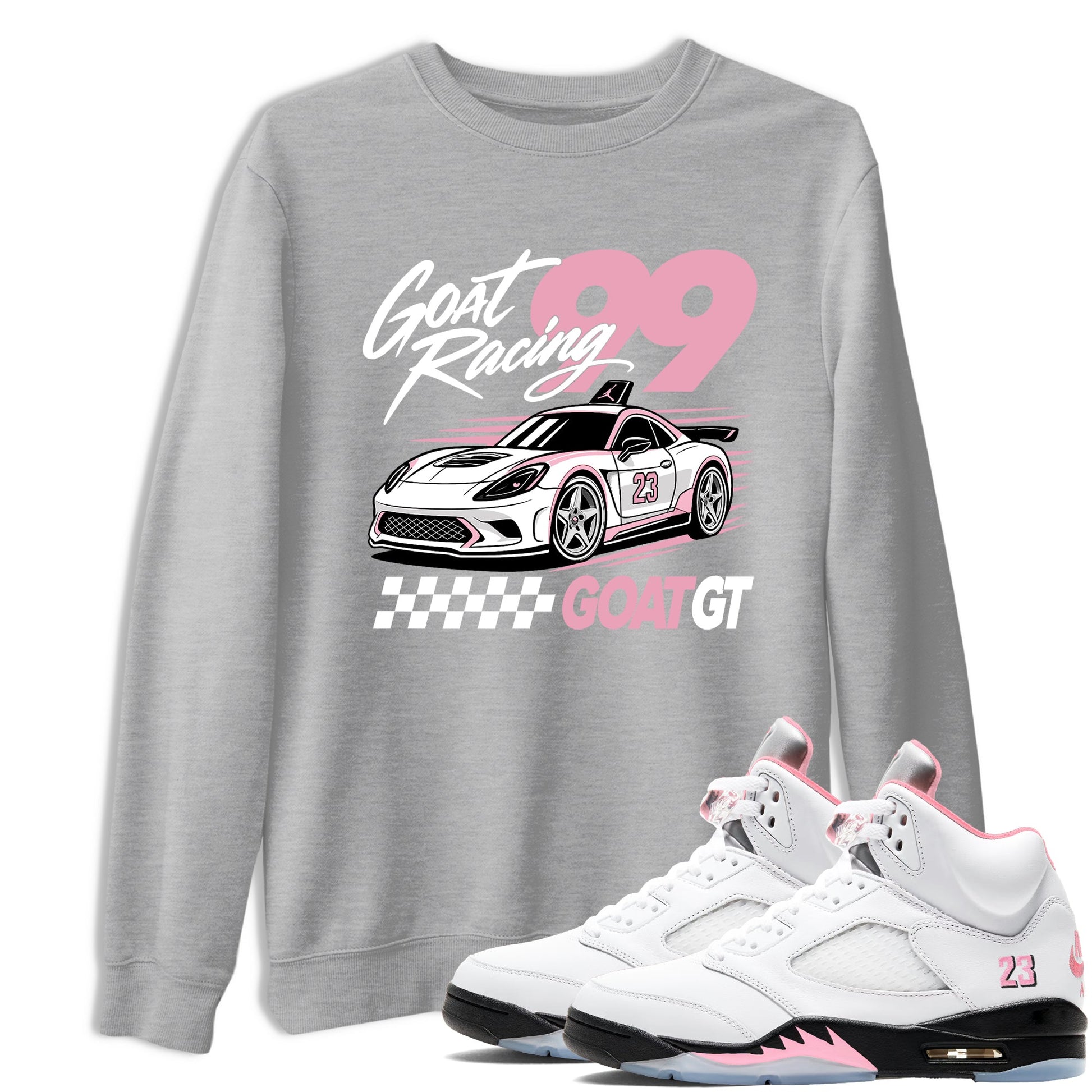 Goat Racing shirts to match jordans, dunks styled to complete your fit with the Air Jordan 5 35th Anniversary sneakers, shown in Heather Grey 1.