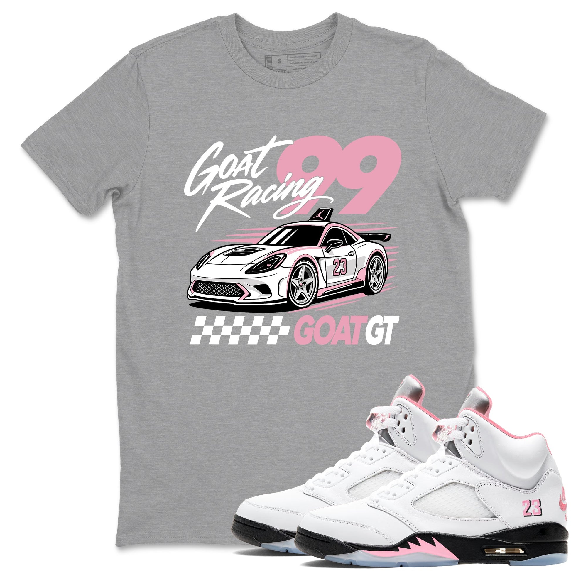 Goat Racing shirts to match jordans, dunks styled to complete your fit with the Air Jordan 5 35th Anniversary sneakers, shown in Heather Grey 1.