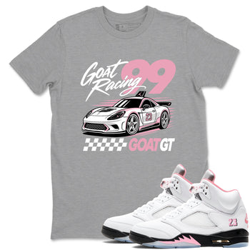 Goat Racing shirts to match jordans, dunks styled to complete your fit with the Air Jordan 5 35th Anniversary sneakers, shown in Heather Grey 1.