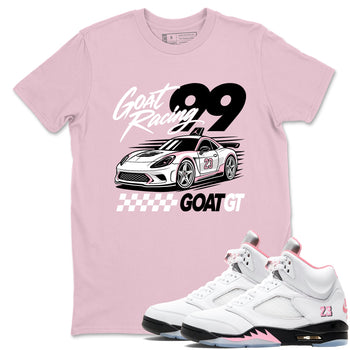 Goat Racing shirts to match jordans, dunks styled to complete your fit with the Air Jordan 5 35th Anniversary sneakers, shown in Pink 1.