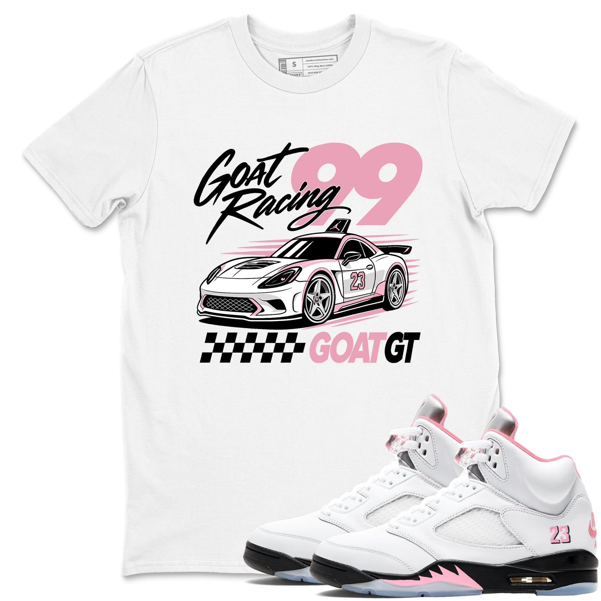 Goat Racing shirts to match jordans, dunks styled to complete your fit with the Air Jordan 5 35th Anniversary sneakers, shown in White 1.