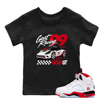 Goat Racing baby and kids t-shirt crafted for little sneakerheads to shine with the Air Jordan 5 Fire Red sneakers, displayed in Black 1.