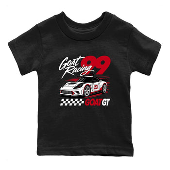 Goat Racing baby and kids t-shirt crafted for little sneakerheads to shine with the Air Jordan 5 Fire Red sneakers, displayed in Black 2.