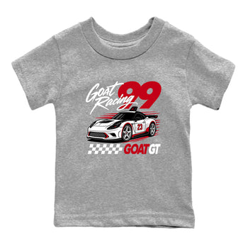 Goat Racing baby and kids t-shirt crafted for little sneakerheads to shine with the Air Jordan 5 Fire Red sneakers, displayed in Heather Grey 2.