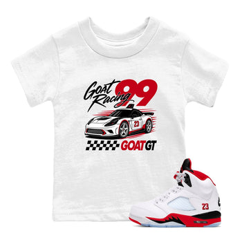 Goat Racing baby and kids t-shirt crafted for little sneakerheads to shine with the Air Jordan 5 Fire Red sneakers, displayed in White 1.