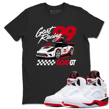 Goat Racing shirts to match jordans, dunks styled to complete your fit with the Air Jordan 5 Fire Red sneakers, shown in Black 1.