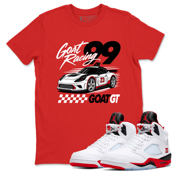 Goat Racing shirts to match jordans, dunks styled to complete your fit with the Air Jordan 5 Fire Red sneakers, shown in Red 1.
