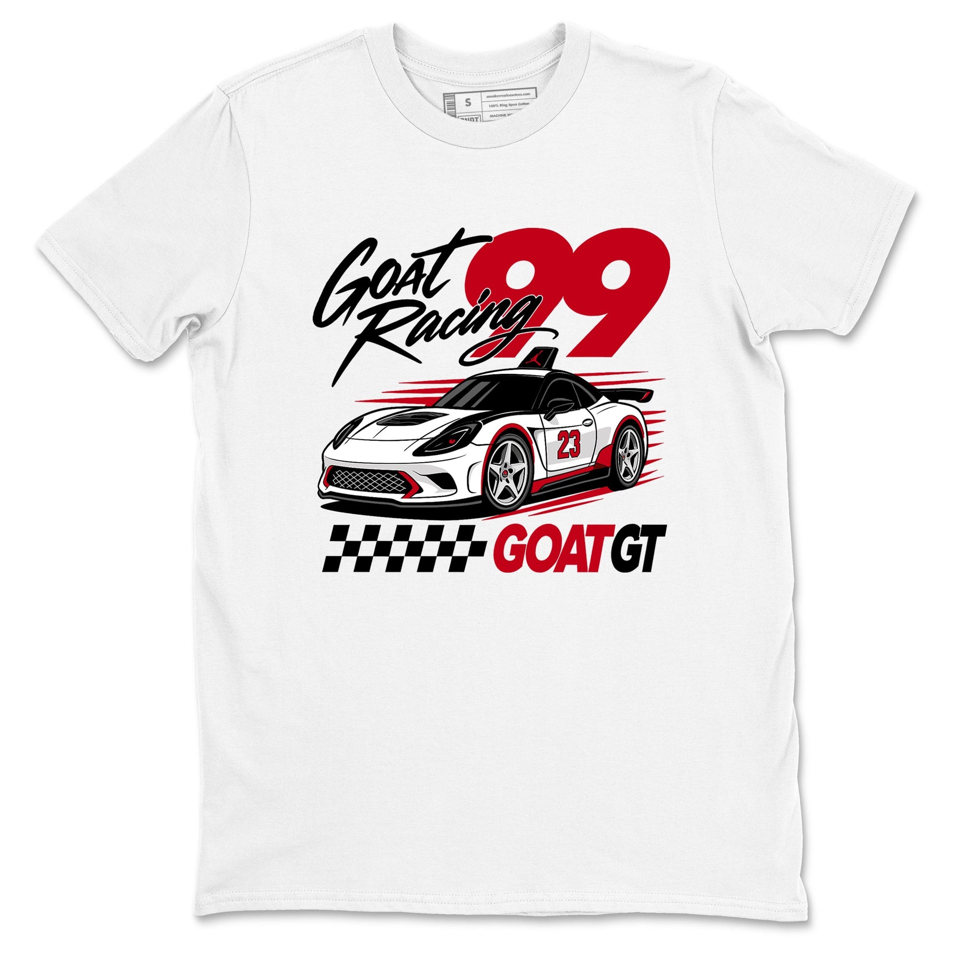 Goat Racing shirts to match jordans, dunks styled to complete your fit with the Air Jordan 5 Fire Red sneakers, shown in White 2.