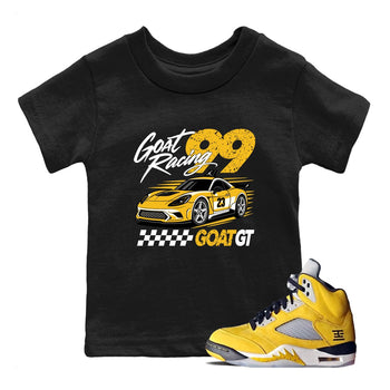 Goat Racing baby and kids t-shirt crafted for little sneakerheads to shine with the Air Jordan 5 Tokyo sneakers, displayed in Black 1.
