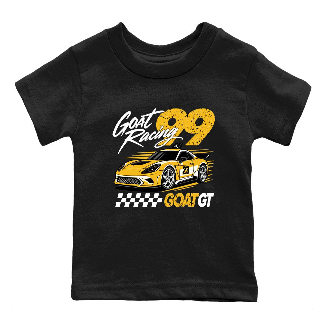 Goat Racing baby and kids t-shirt crafted for little sneakerheads to shine with the Air Jordan 5 Tokyo sneakers, displayed in Black 2.