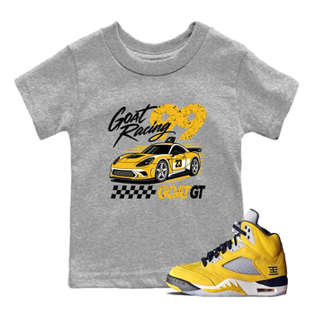 Goat Racing baby and kids t-shirt crafted for little sneakerheads to shine with the Air Jordan 5 Tokyo sneakers, displayed in Heather Grey 1.